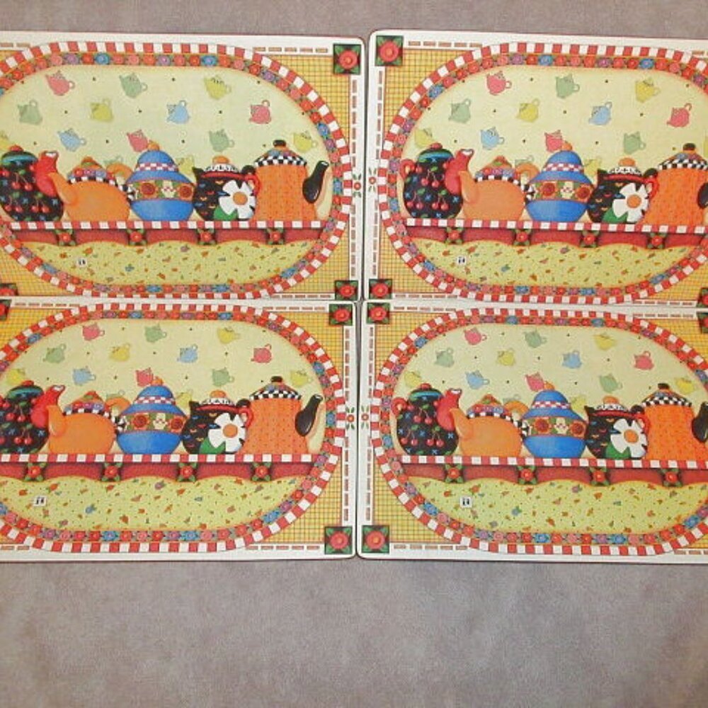 Vtg Mary Engelbreit Placemats Set Of 4 Cork Back 16” Tea Party Farm Cottagecore
